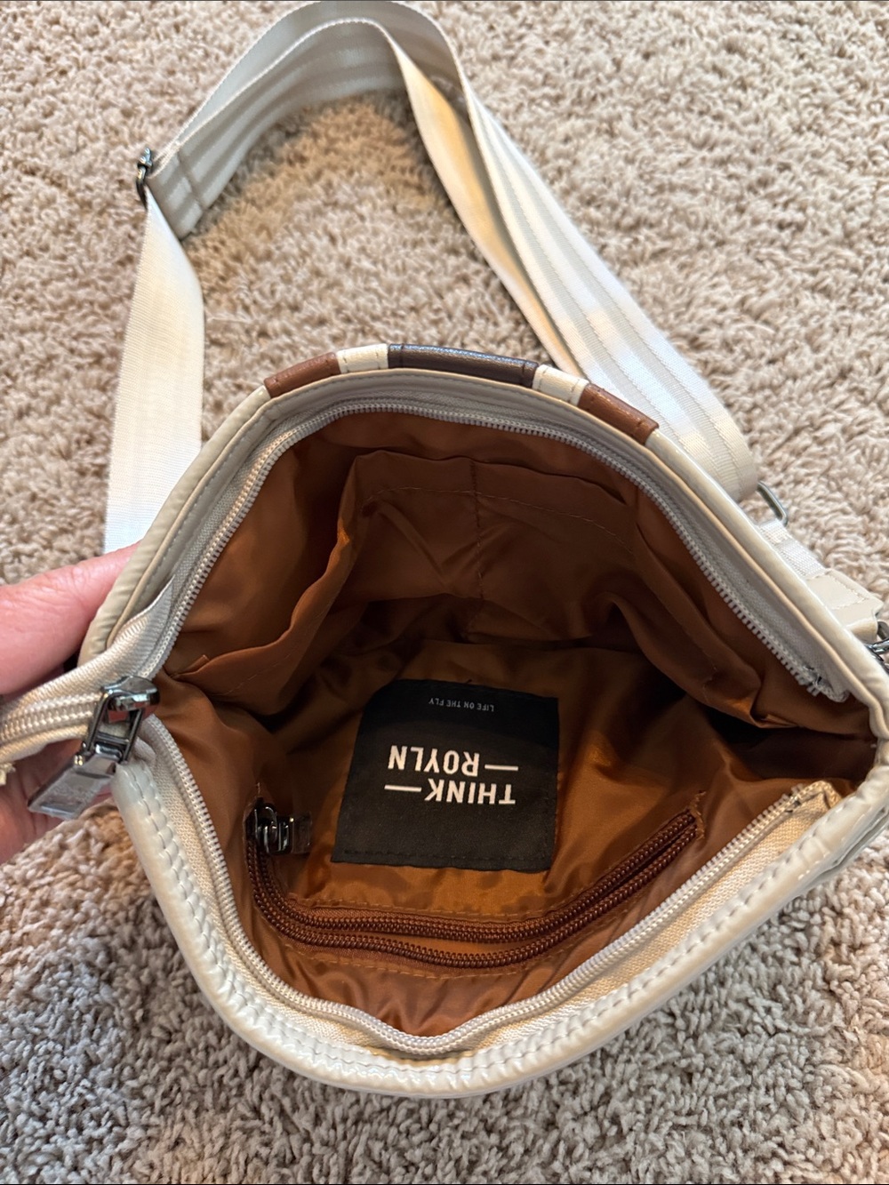 THINK ROYLN Ivory Quilted Crossbody with Brown and Tan Stripes - Picture 3 of 5